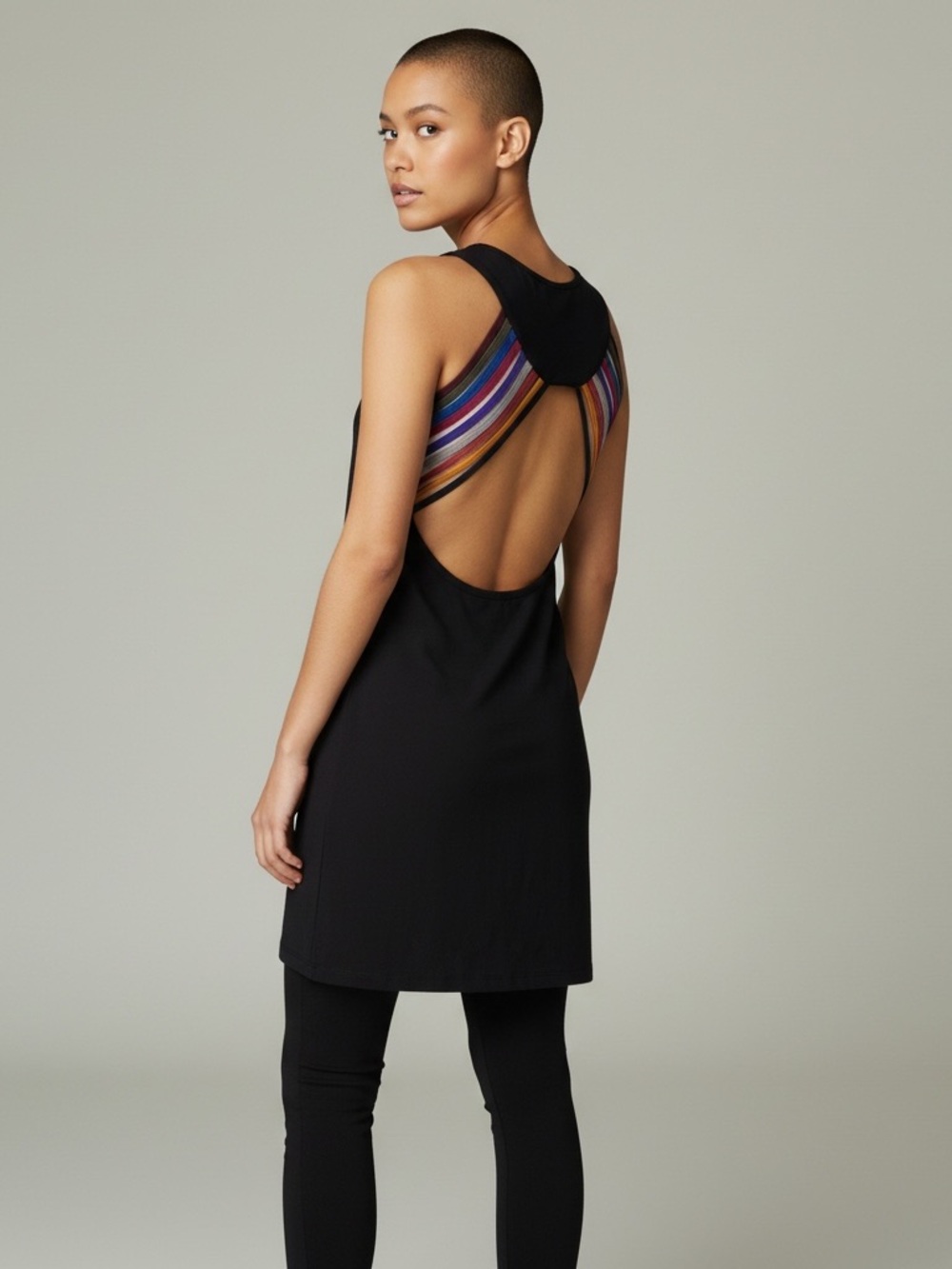 EARTHBOUND Black Sleeveless Mini Dress with Rainbow Striped Back - Large - Picture 2 of 7